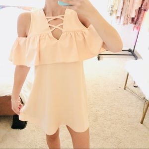 Lace up cold shoulder ruffle dress